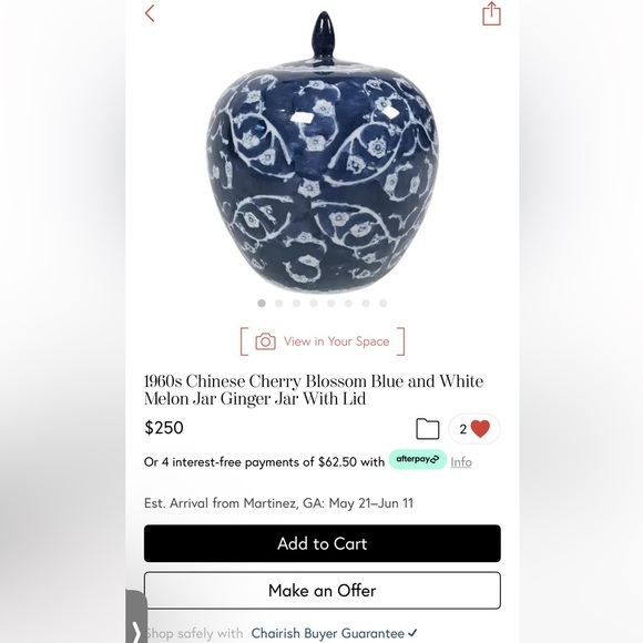 Vintage 10” Grandmillennial Cherry Blossom Ginger Jar | Blue & White Ceramic Jar - Picture 8 of 9